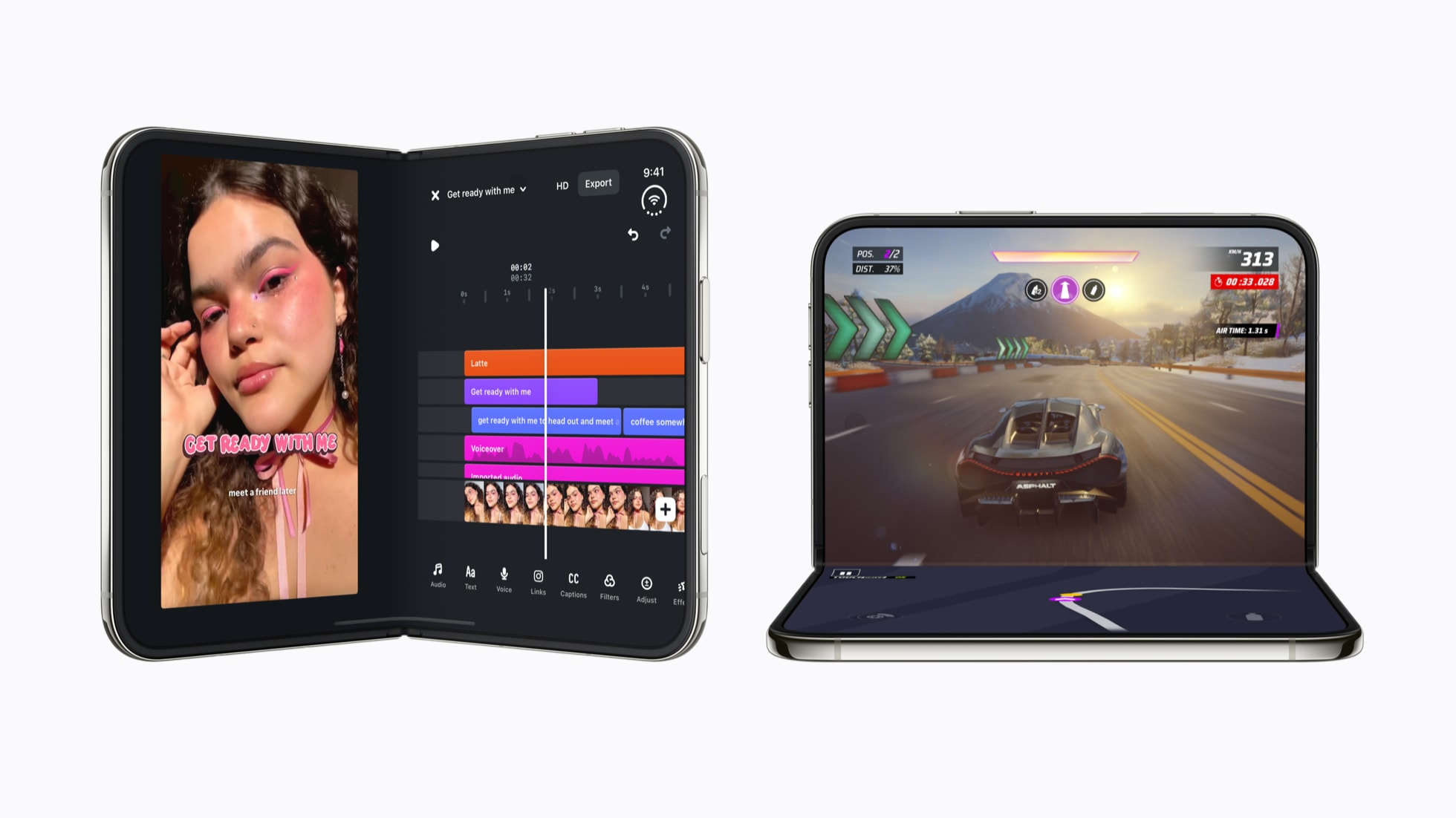Two iPhone Duo devices, one opened like a book showing a video editing app and one folded like a small laptop running a racing game