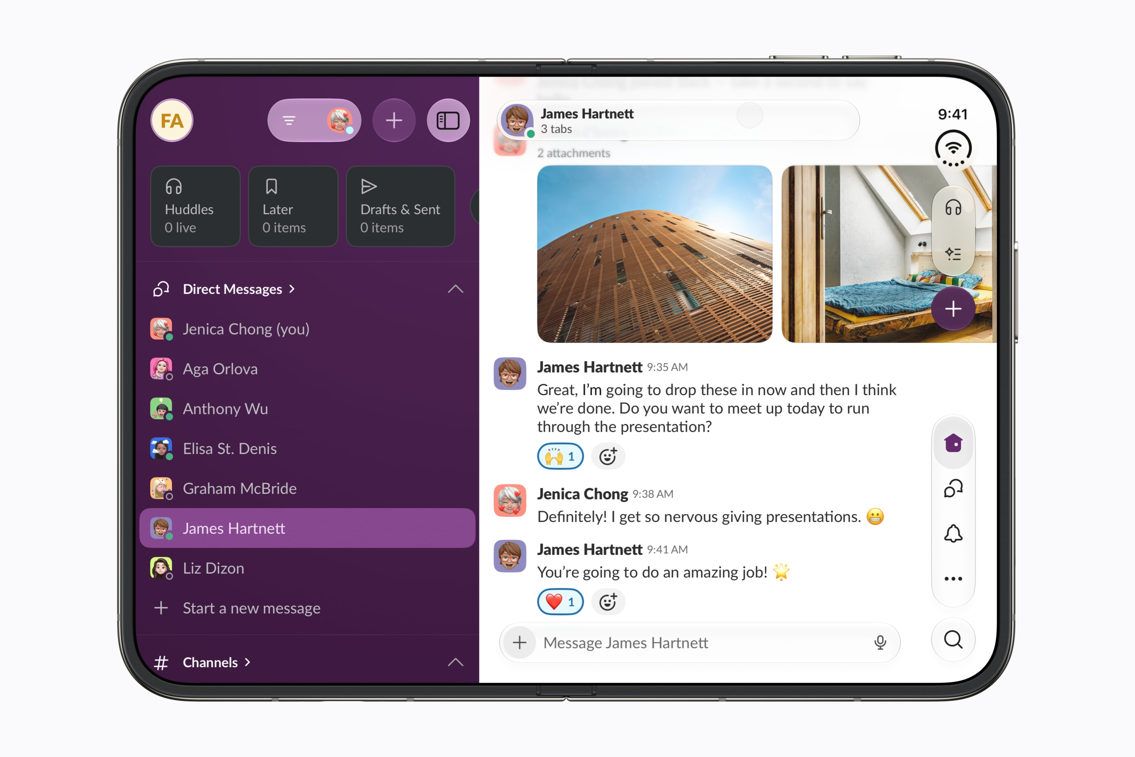 Split View multitasking with Slack on the open iPhone Duo inner display