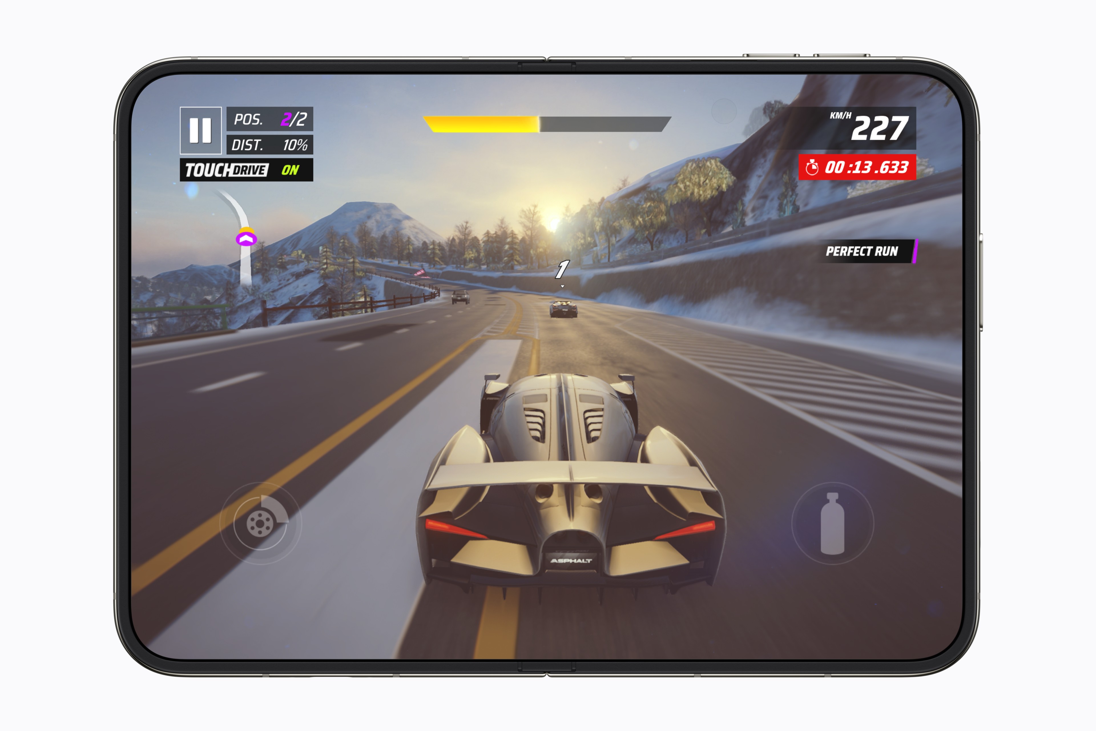 Asphalt Legends racing game on the iPhone Duo inner display