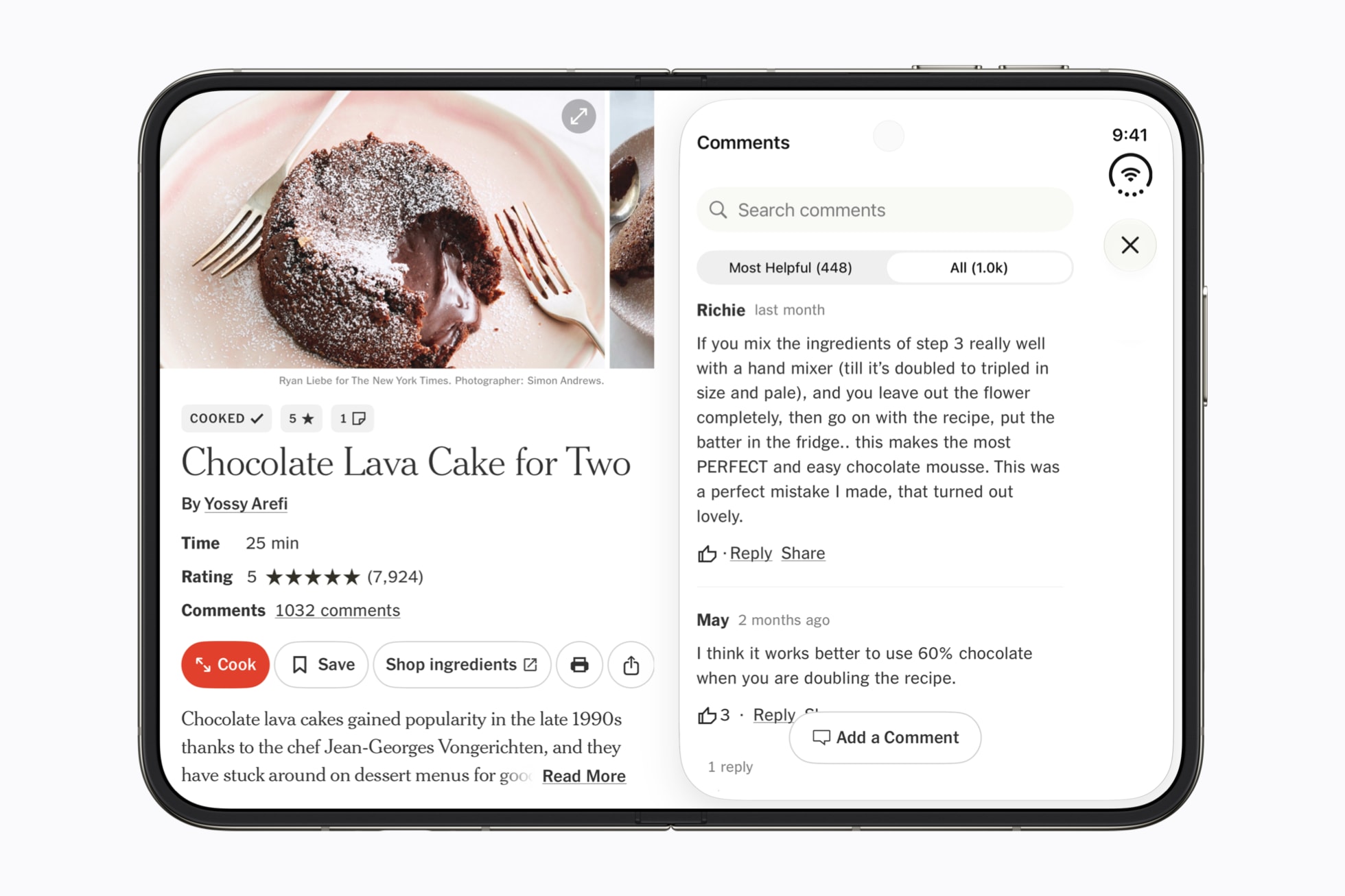 Fully open iPhone Duo showing a NYT Cooking recipe for chocolate lava cake on the left and reader comments on the right