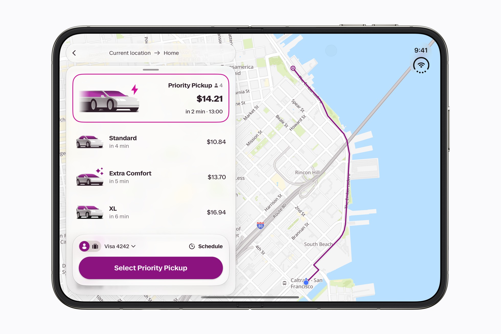 Fully open iPhone Duo showing the Lyft app, with ride options on the left and a route map of San Francisco on the right