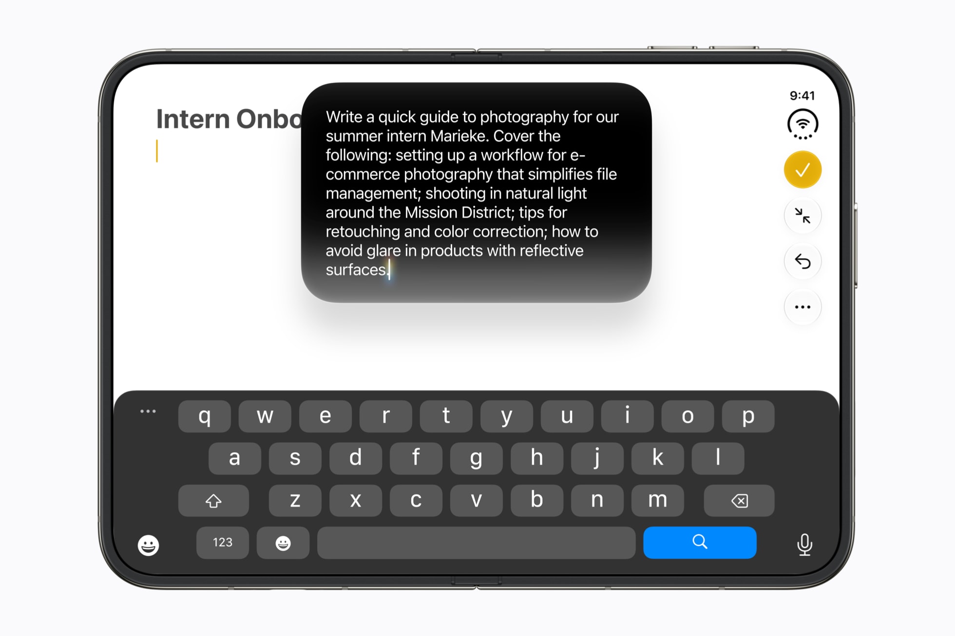 iPhone Duo open in landscape, with a Siri writing prompt on the upper half of the inner display and a keyboard on the lower half