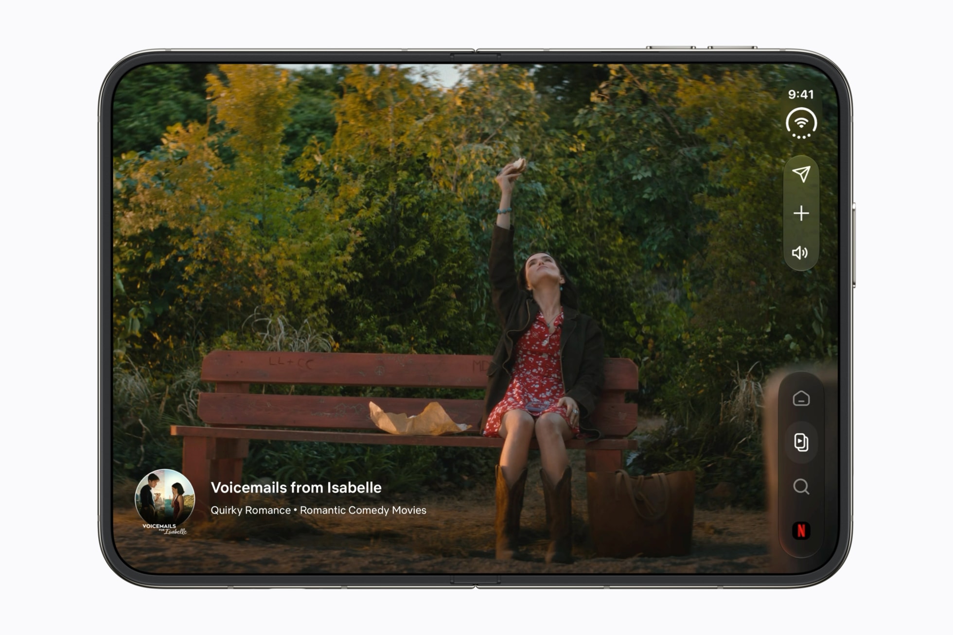 iPhone Duo unfolded in landscape, playing a movie on the full inner display