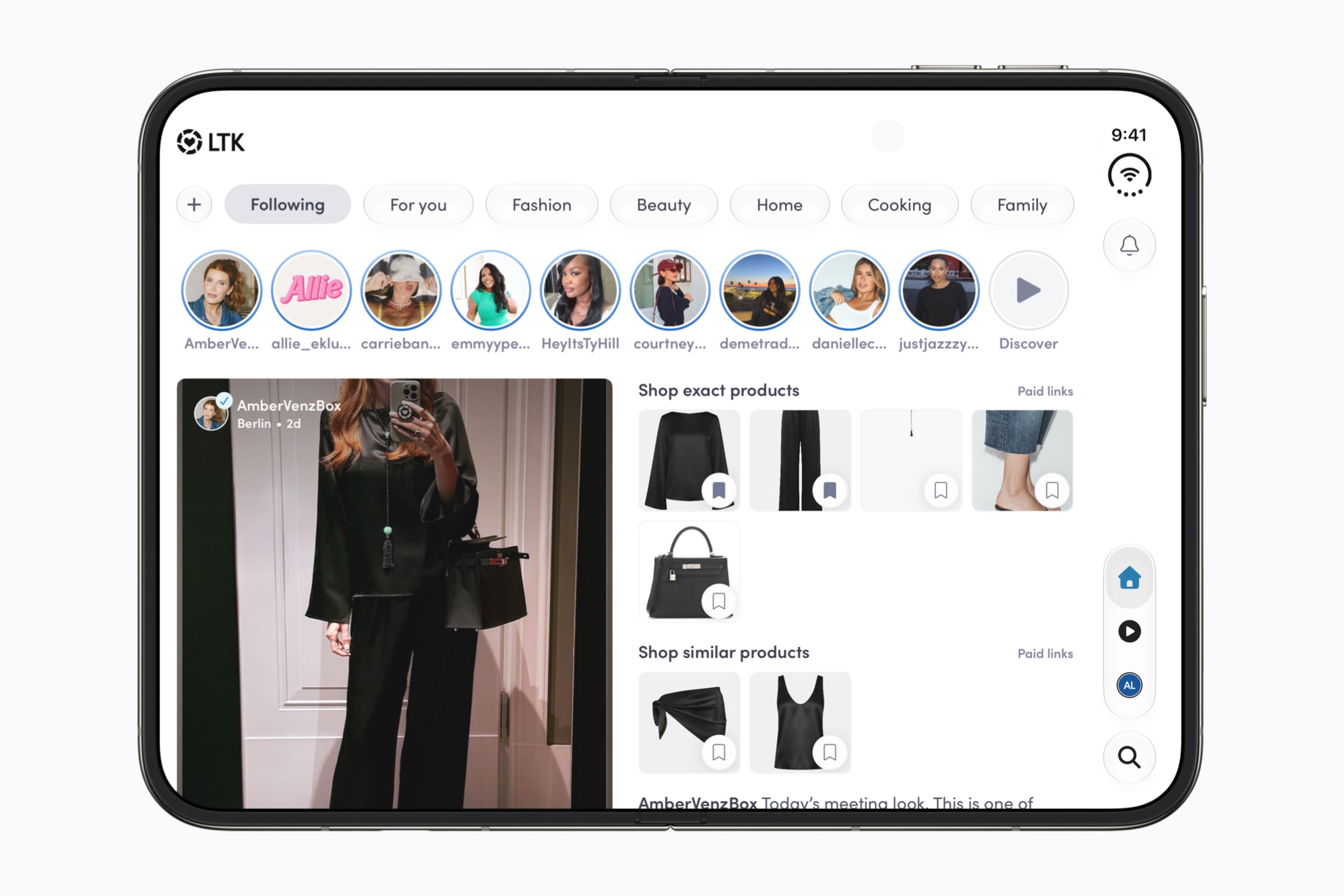 Fully open iPhone Duo showing the LTK app with creator videos and featured products in the same view
