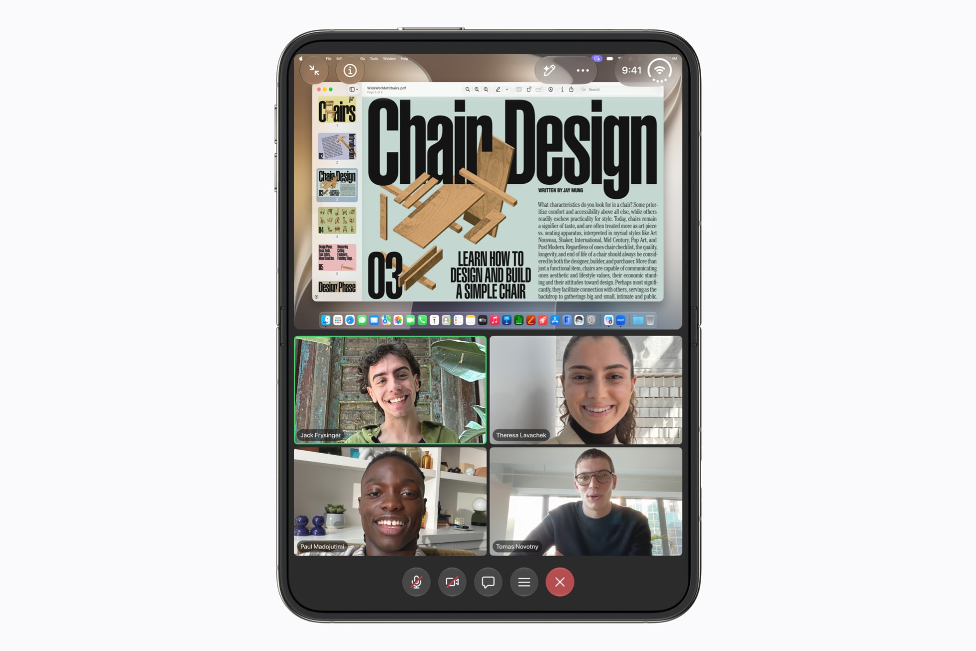 iPhone Duo fully open in portrait, with a Zoom call on the lower half of the inner display and a document on the upper half