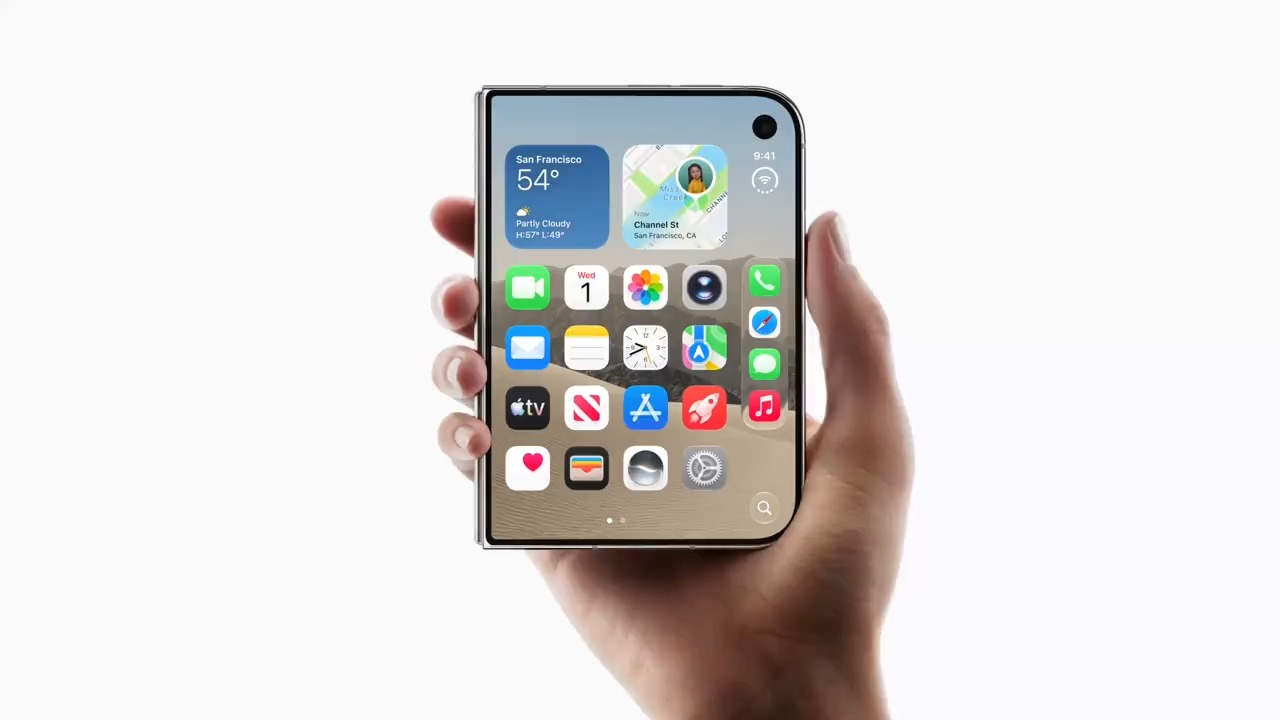 A hand holding the folded iPhone Duo, its outer display showing the home screen with weather and map widgets