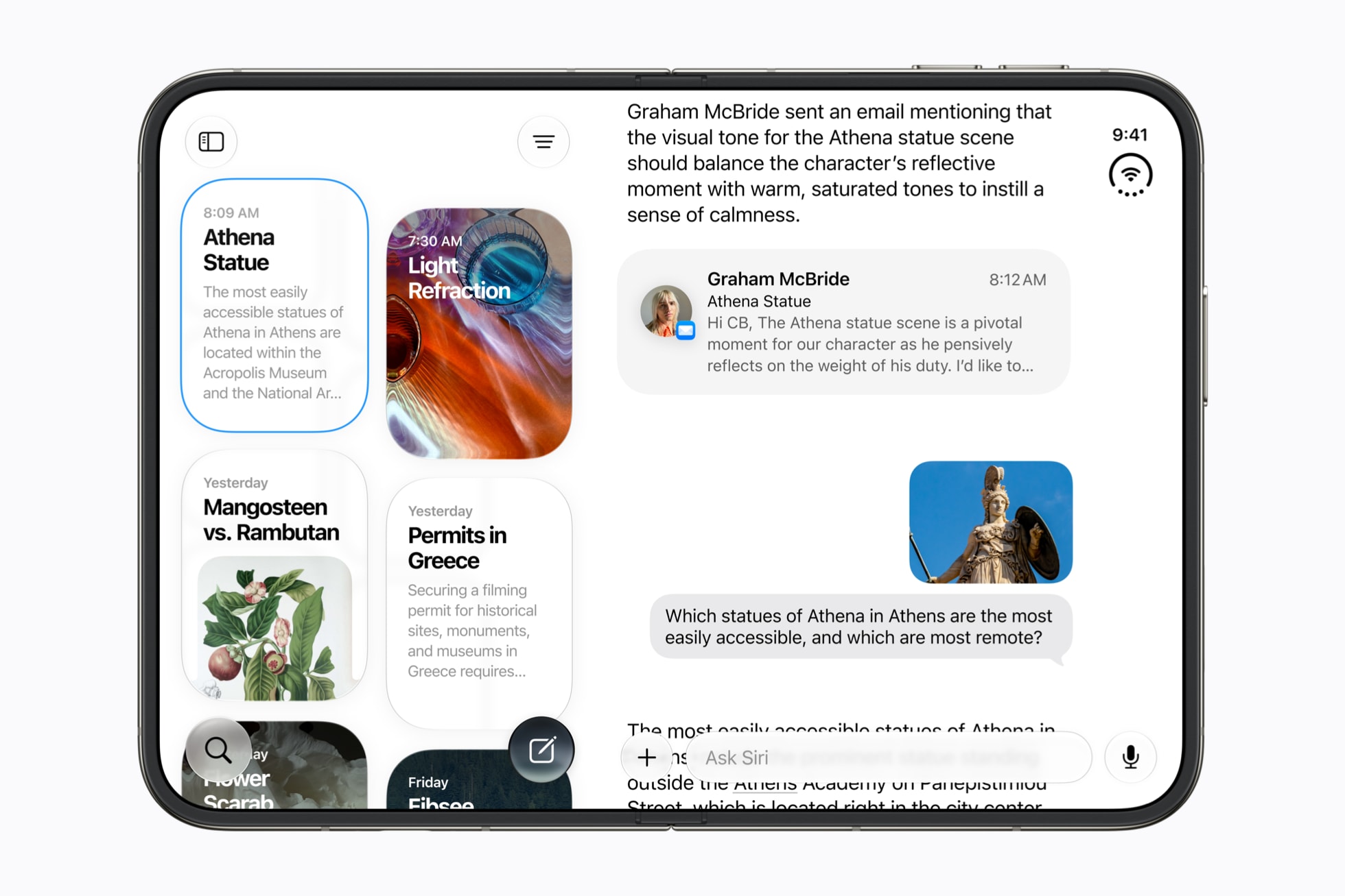 Unfolded iPhone Duo showing the Siri app, with saved conversations on the left and a Siri AI answer that draws on an email on the right
