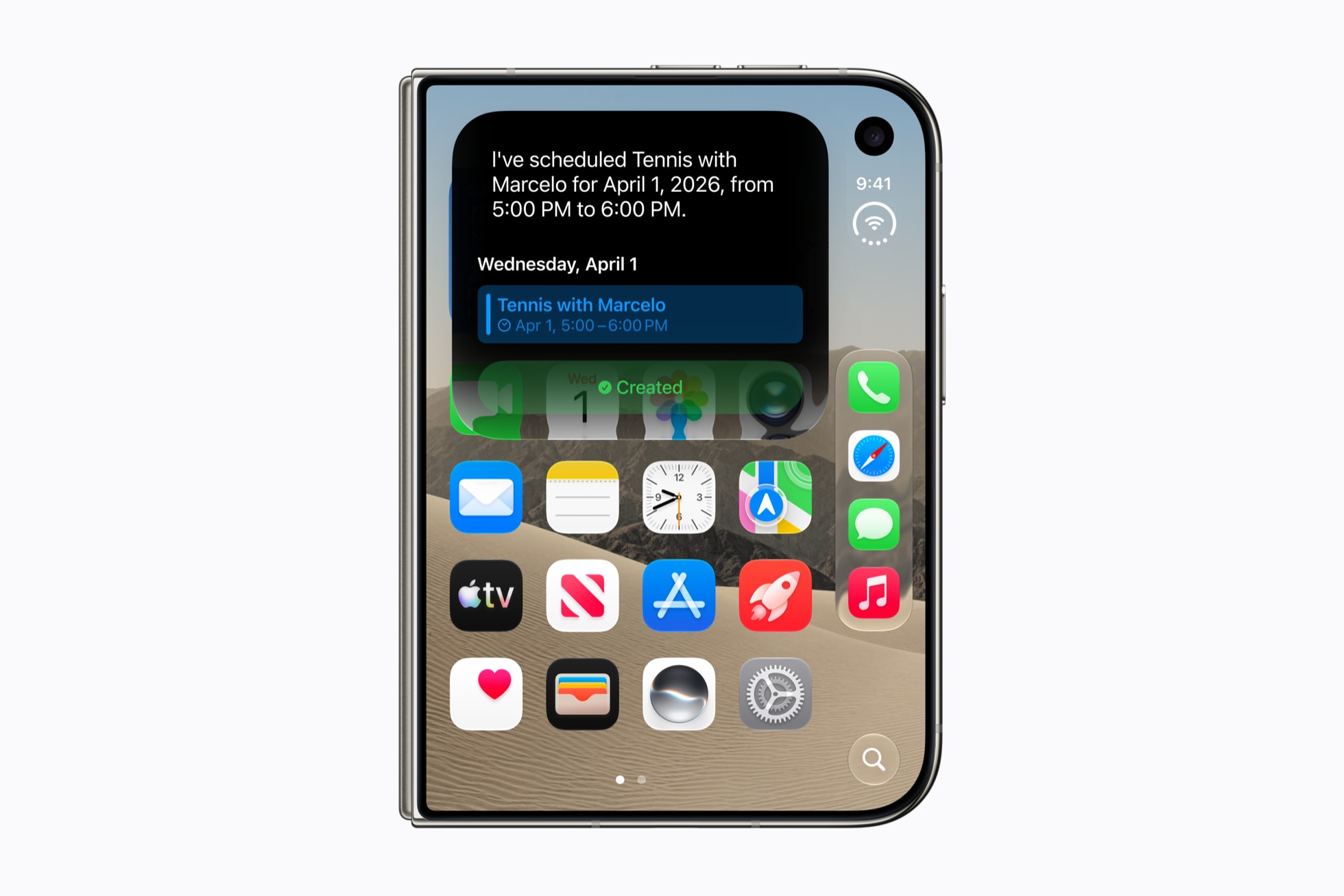 Folded iPhone Duo with Siri confirming a new calendar event above the home screen apps on the outer display