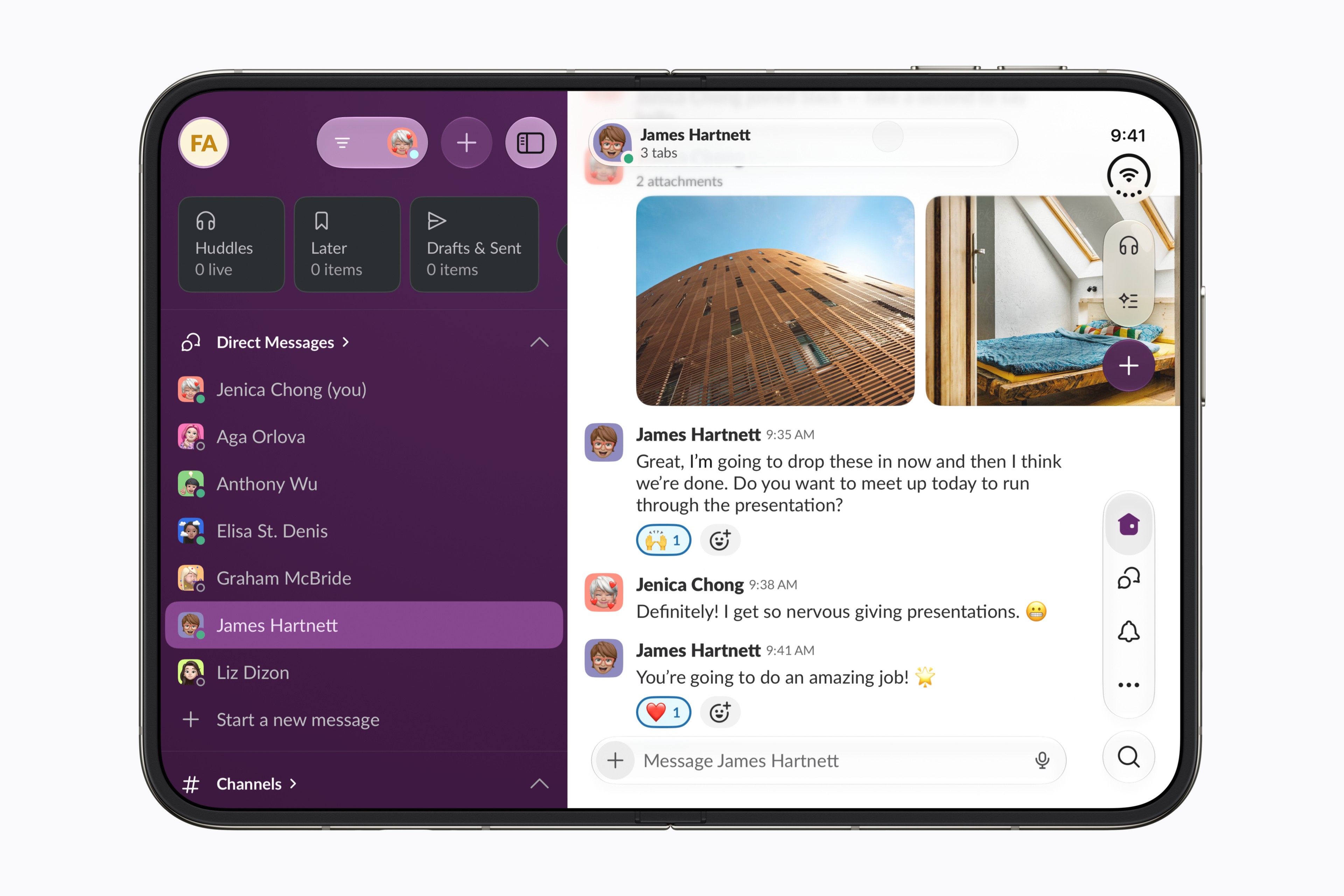 Slack open on the iPhone Duo inner display