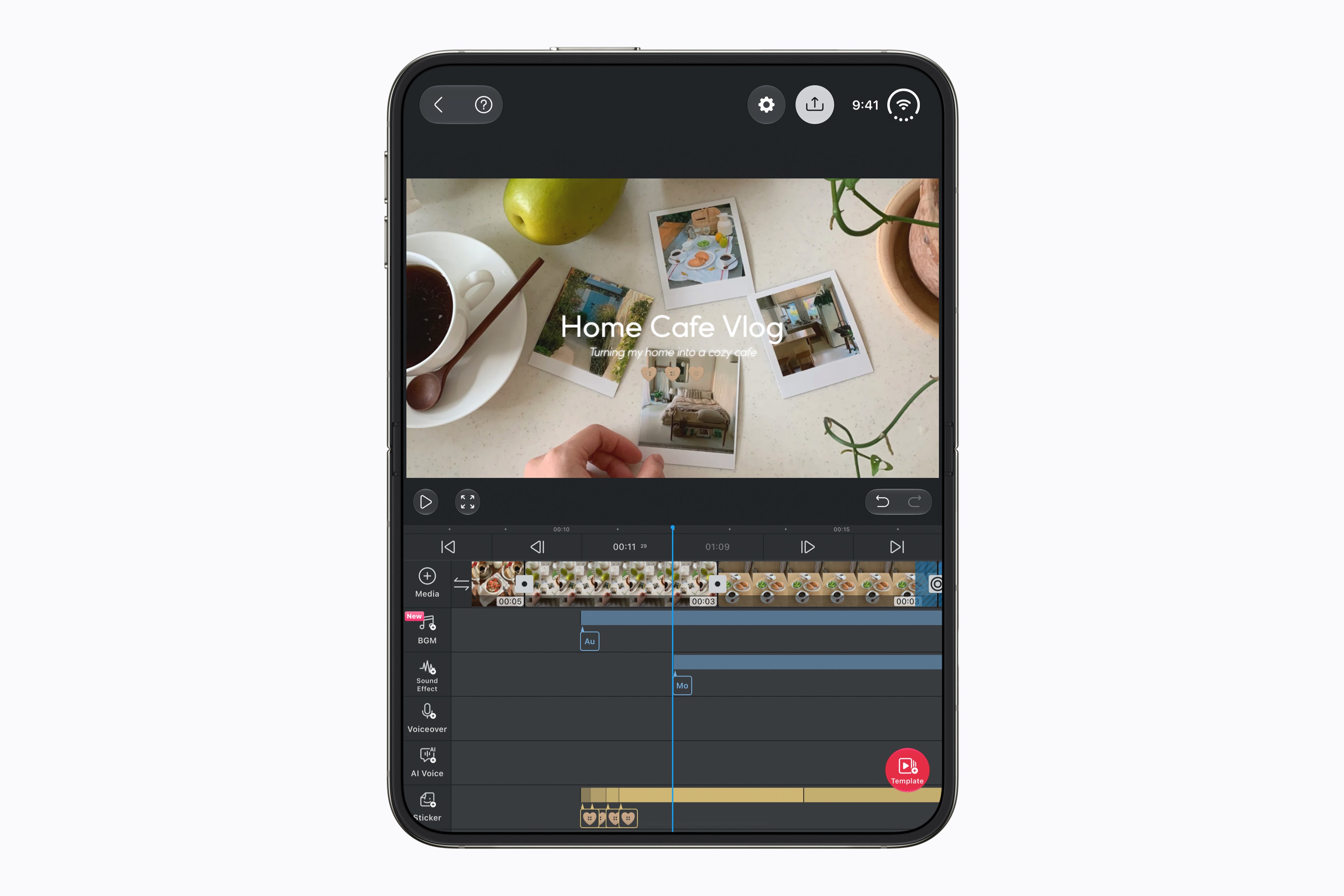 Video editing in the VLLO app on the iPhone Duo inner display